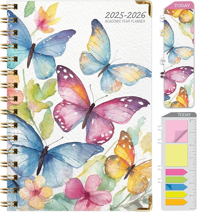 HARDCOVER Academic Year 2025-2026 Planner: (June 2025 Through July 2026) 5.5"x8" Daily Weekly Monthly Planner Yearly Agenda. Bookmark, Pocket Folder and Sticky Note Set (Watercolor Butterflies)