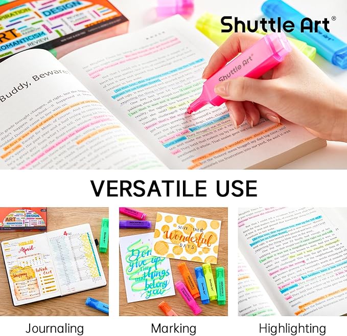 Shuttle Art Highlighters, 8 Assorted Colors Highlighter Pens, Chisel Tip Dry-Quickly Non-Toxic Highlighter Markers for Adults Kids Highlighting on Home School Office