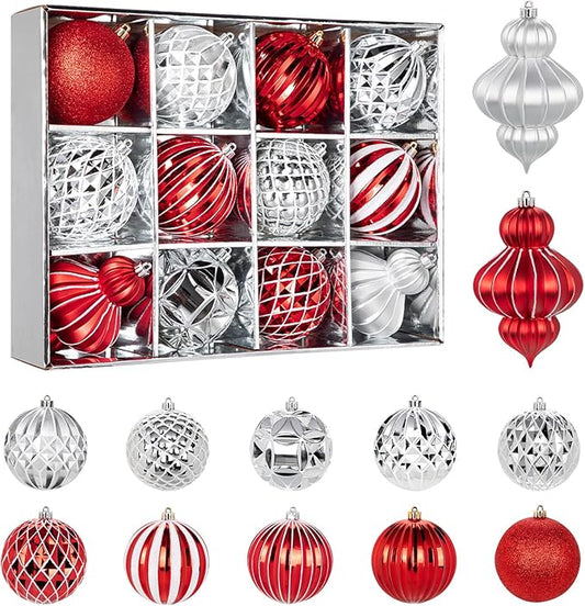 4" Christmas Ball Ornaments Set 12PCS Large Shatterproof Plastic Ornaments Christmas Tree Ball Hanging Ornaments for Xmas Tree Wedding Party Holiday Decorations - Silver, Red