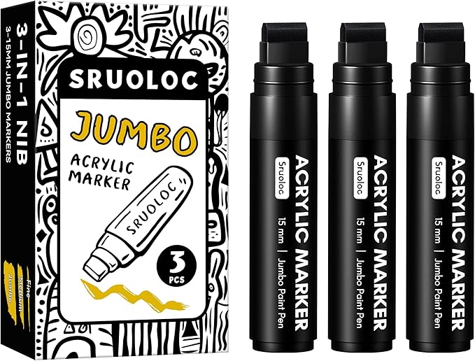 3 Jumbo Permanent Markers Black, 15mm Thick Wide Tip, Large Acrylic Paint Markers for Rock Painting, Poster, Stone, Ceramic, Glass, Wood, Canvas