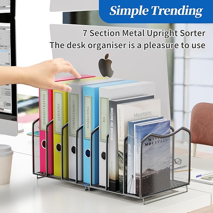 2 Pack-Simple Trending Mesh Desktop File Sorter Organizer, 7-Section Bookshelf For Desk Home Office , Black