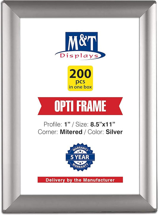 M&T Displays Opti Snap Poster Frame 8.5x11 Inch Silver 1" Aluminum Profile Front Loading Wall Mounting Photo Picture Document Certificate Sign Holder Mitered Corner Anti Glare Cover (200 pack)