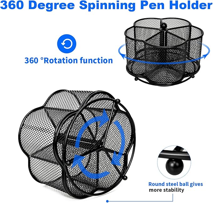360 Degree Rotate Pen Holder for Desk Mesh Desk Pen Organizer Pencil Holder Large Capacity Accessories & Workspace Organizers for School,Home (Black, No hook)