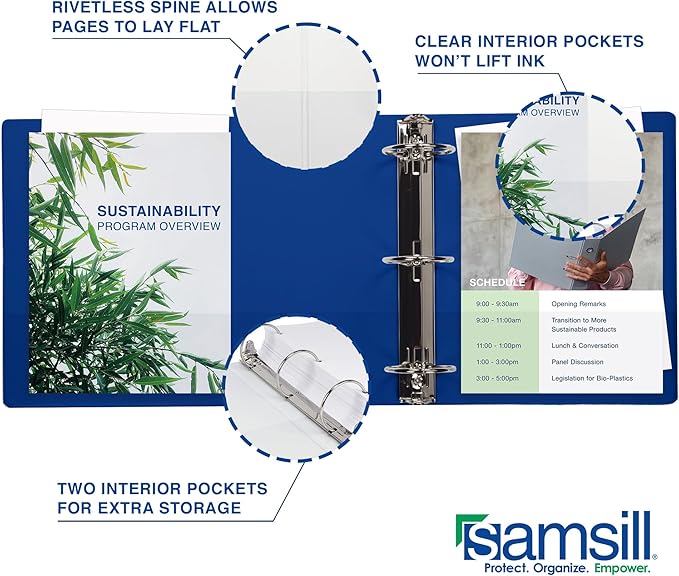 Samsill 0.5 Inch 3 Ring Binder, Made in USA, Economy Round Ring, Clear View Cover, 100 Sheet Capacity - for School, Home, Office - Blue, 4 Pack