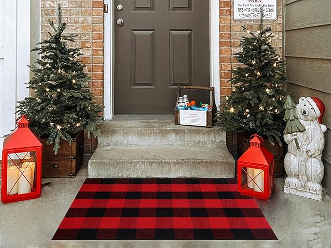 Ckorzen Red Green and White Plaid Rug, 28" x 43" Christmas Front Porch Outdoor Rug, Handwoven Cotton Washable Rug for Layered Door Mats, Holiday Entryway and Home Décor