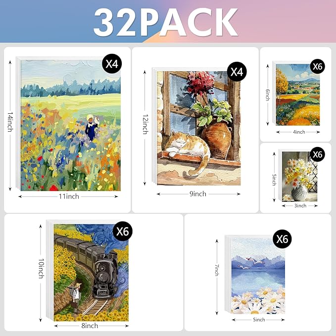 ESRICH Canvas Boards for Painting 32 Pack Art Supplies Paint Canvas 3x5, 4x6, 5x7, 8x10, 9x12, 11x14 Blank Large Canvases for Painting-Cotton Primed Canvas Panels for Acrylic, Oil, Gouache & Tempera.