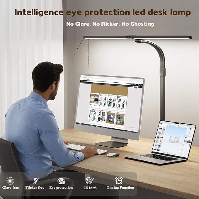LED Double Head Desk Lamp,24W Brightest Architect Double Swing-arm Table Lamps,5 Adjustable Brightness Color Temperature ，for Workbench/Monitor/Home/Reading/Offices/Bedrooms/Dormitories