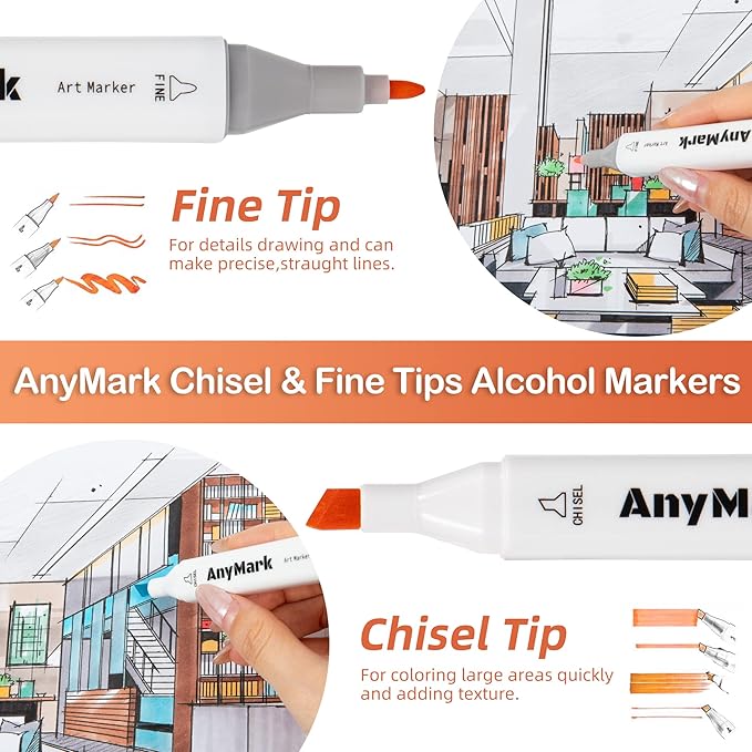 AnyMark Alcohol Markers, 80 Colors Dual Tip Art Coloring Markers Set for Kids Adult Book Drawing Sketching Painting, Chisel & Fine, White Penholder