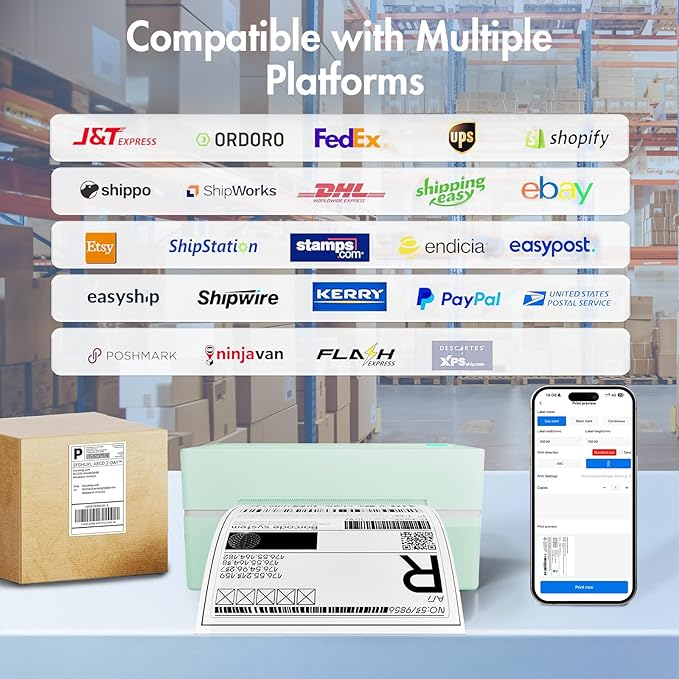 Bluetooth Thermal Shipping Label Printer: 4x6 Wireless Label Maker with Tape for Small Business - Compatible with iPhone, Android, Windows & Mac, Widely Used for USPS UPS Ebay Amazon Shopify, Green