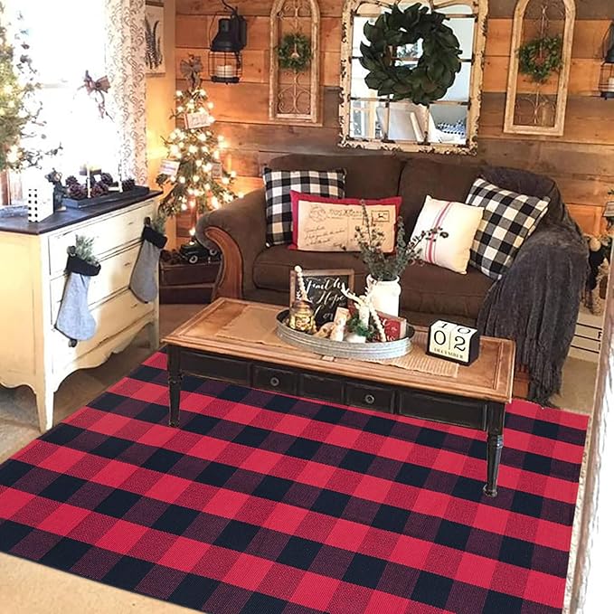 Red and Black Plaid Rug, 4' x 6' Check Outdoor Front Door Decorative Mat, Cotton Woven Rug for Layered Door Mats Washable Carpet for Porch, Entryway, Farmhouse, Christmas, Halloween