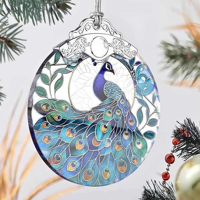 Peacock Stained Glass Ornament - Christmas Tree Decor, Peacock Ornaments for Holiday Gifts