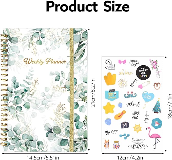 Undated Weekly Planner, A5 Weekly To Do List Notebook with Habit Tracker Spiral Binding Weekly Planner Notebook with Stickers Home Work School Supplies, Grean Leaves