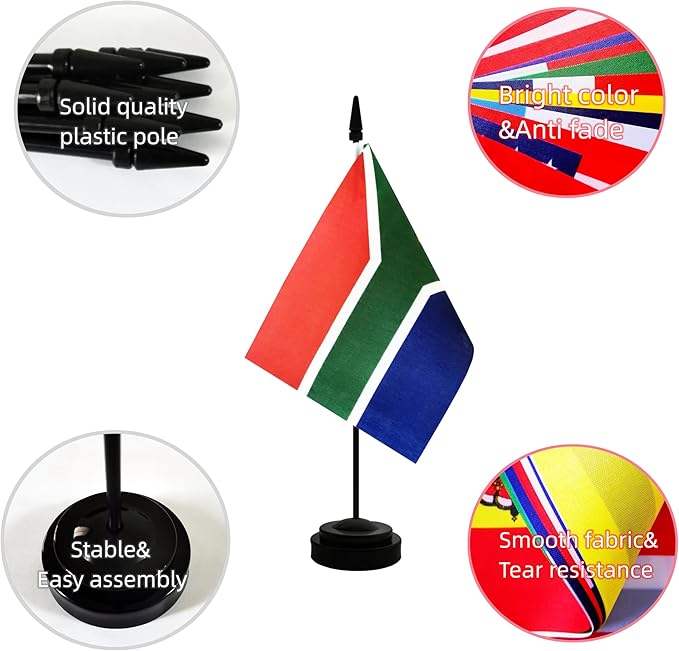 2 Pack South Africa Desk Flag, South African Table Office Flag with Solid Pole and Stand Base, International Country Flag, Festival Celebration, Classroom Meeting Desktop Decoration (South Africa)
