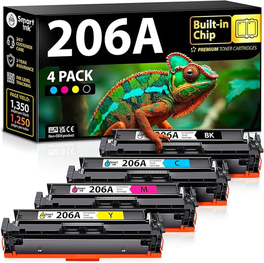 Smart Ink Compatible 206A Toner Replacement for HP 206A Toner Cartridges 4 Pack 206X with Chip to use with Color Laserjet Pro MFP M283fdw M283cdw Laserjet Pro M255dw M255nw (Black Cyan Magenta Yellow)