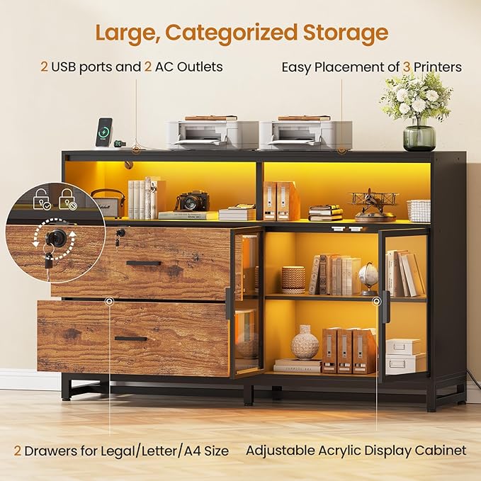 SEDETA 59" File Cabinet, 2 Drawers Filing Cabinets for Home Office fit Legal/Letter/A4 File, File Cabinet with Lock & Power Outlets, Printer Stand with Storage & LED Lights, Rustic Brown
