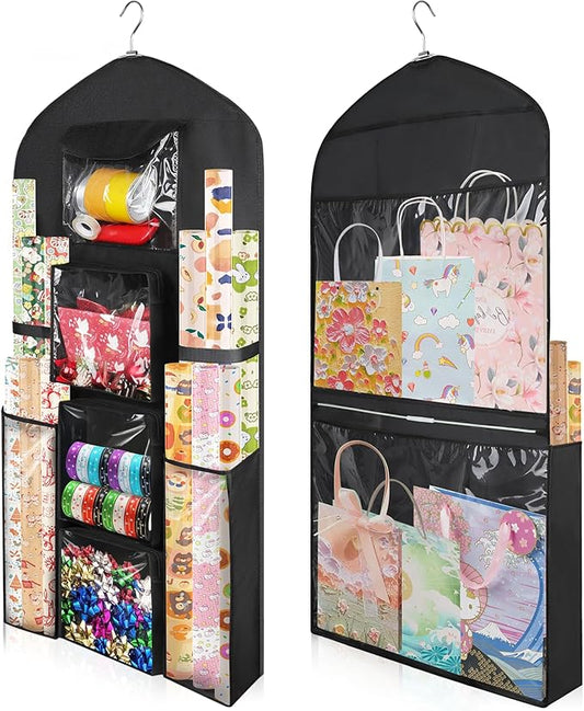 Hanging Gift Wrapping Paper Storage, 48x24 (Extra Large) Black Double-Sided Christmas Wrapper Bag Container, Oxford Long Craft Roll Organizer, Present Wrap Holder for Closet, Door