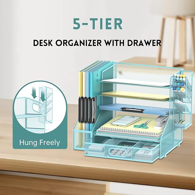 DALTACK Mesh Desk Organizer, 5-Tier Paper Letter Tray with File Holder & Pen Holder & Sliding Drawer, Desktop Organizer and Storage for Desk Accessories Office Supplies, Blue