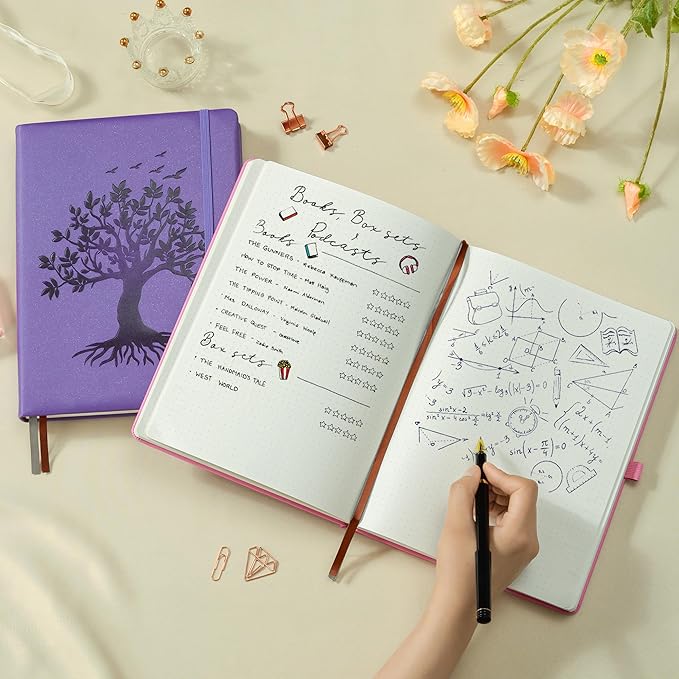 ZXHQ B5 Bullet Dotted Journal Notebook for Women:150gsm Thick Paper, 256 Pages, Dot Grid Hardcover, Tree of Life Design, Fine Inner Pocket - 7.7" × 10" Purple