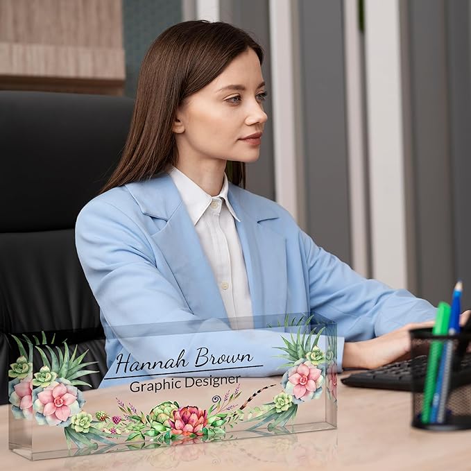 Ship Next Day-Custom Name Plate for Desk, Desk Name Plate Personalized, Acrylic Office Desk Accessories, Appreciation Gifts for Coworkers Employee Teachers Boss Women Men (Succulent Plants)