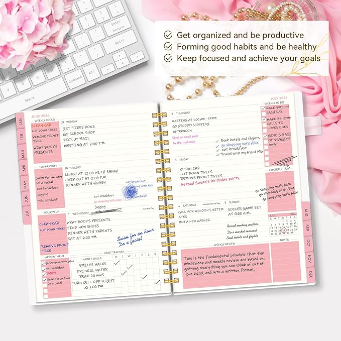 2026 Weekly and Monthly Planner, AIMPEAK 2026 Weekly Planner with Tabs, Jan. 2026 - Dec. 2027, Calendar Planner for Women, Pen Loop, Flexible Cover，Spiral Binding, Pink Marble, 10"x7"