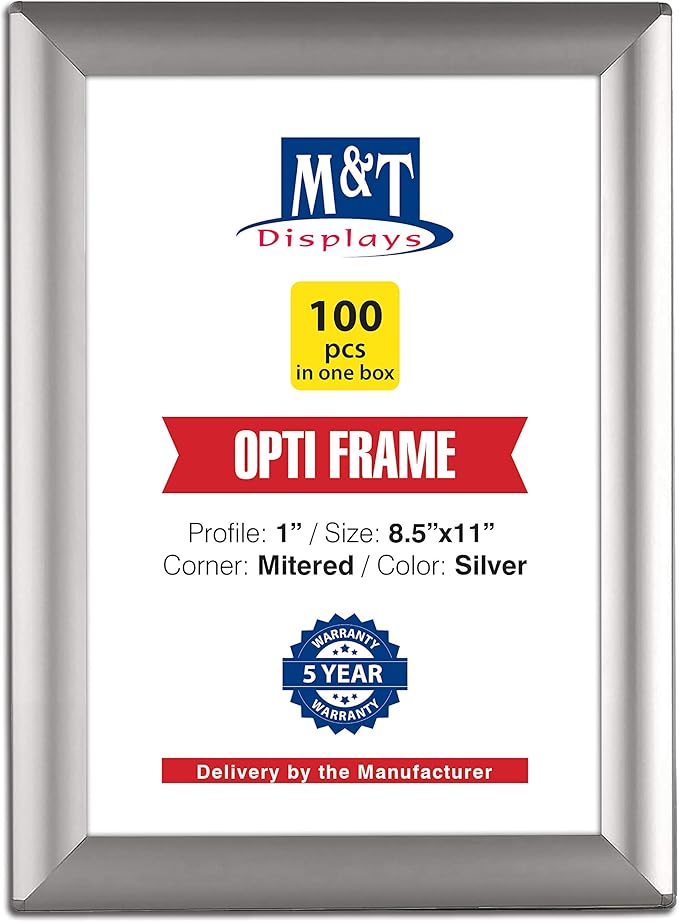 M&T Displays Opti Snap Poster Frame 8.5x11 Inch Silver 1" Aluminum Profile Front Loading Wall Mounting Photo Picture Document Certificate Sign Holder Mitered Corner Anti Glare Cover (100 pack)