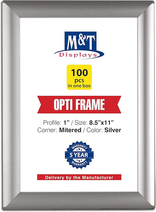 M&T Displays Opti Snap Poster Frame 8.5x11 Inch Silver 1" Aluminum Profile Front Loading Wall Mounting Photo Picture Document Certificate Sign Holder Mitered Corner Anti Glare Cover (100 pack)