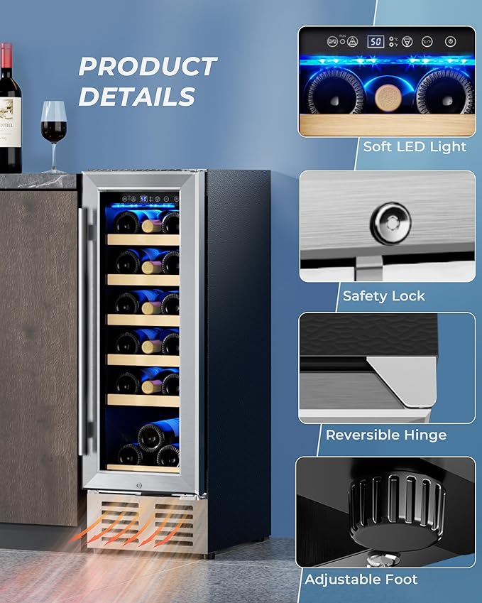 EUHOMY 12 Inch Wine Cooler Refrigerator, Wine Fridge 18 Bottles, Built-in or Freestanding with Double-Layer Tempered Glass Door, Mini Fridge with Quiet and Temperature Memory Function