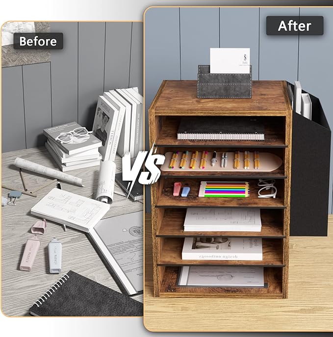 6 Tier Adjustable Countertop Mail Sorter, Mailboxes With Name Slots, Literature Organization Paper Storage Slot, Office Desk File Organizer, Wooden Desktop Mailbox for Classroom, Rustic Brown