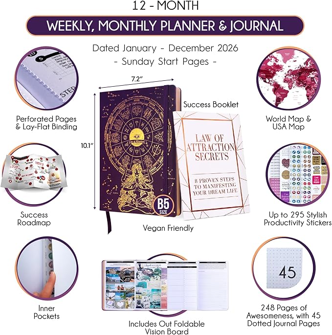 2026 Planner Weekly and Monthly | Law of Attraction Planner with Panduo App | A 12 Month Journey for Productivity, Gratitude & Goal Setting | Includes Foldable Vision Board, Gift Box & Stickers