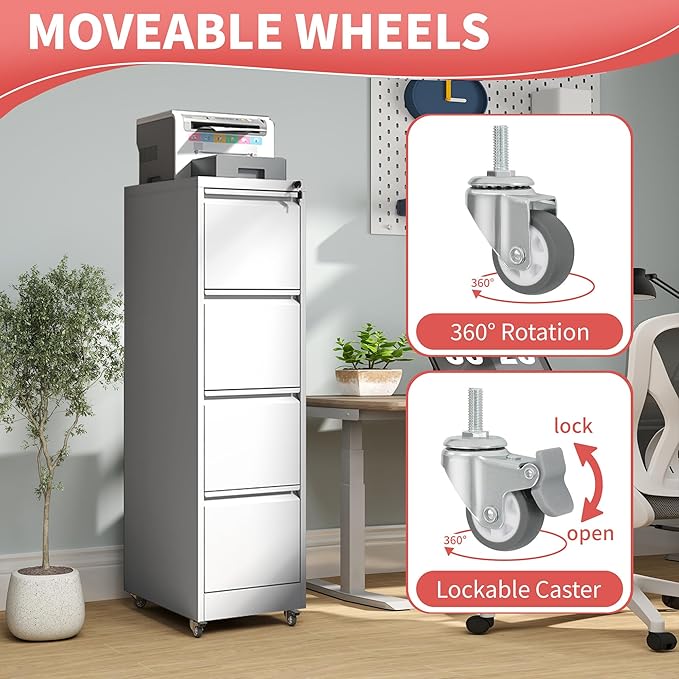 4 Drawer Locking File Cabinet with Wheels,White Metal Mobile Filing Cabinets,Vertical File Cabinet for Home Office,Heavy Duty Rolling Storage Cabinet for A4/Letter/Legal Size,Assembly Required