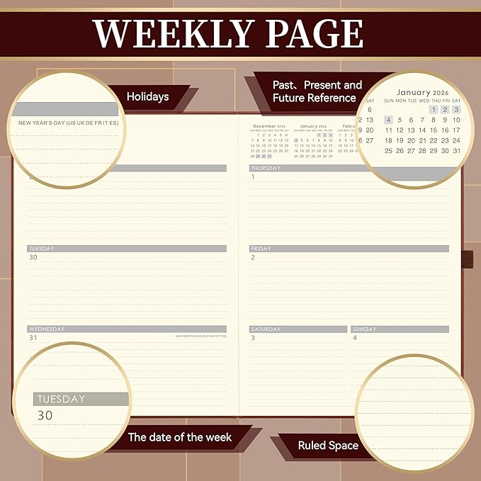 Vondafe 2026 Planner - Weekly and Monthly Planner 2026, Jan.2026 - Dec.2026, 9" x 11", 2026 Calendar Planner with Inner Pocket + Elastic Closure + Pen Loop + Bookmarks, Leather Hardcover - Brown