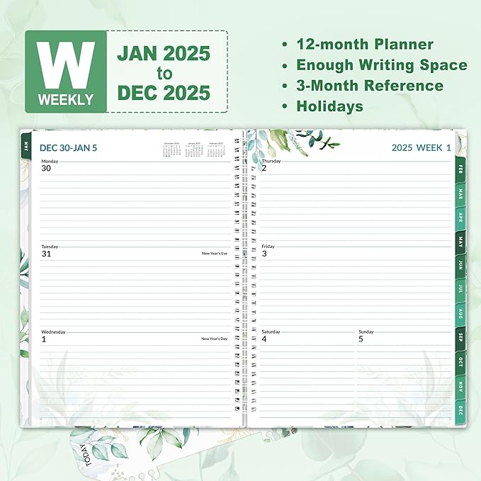 SUNEE 2026 Weekly and Monthly Planner - from January 2026 - December 2026, 8.5"x11" Daily Agenda Planner with Monthly Tab, Flexible Cover, Note Pages, Pockets, Bookmark, Spiral Binding, Eucalyptus