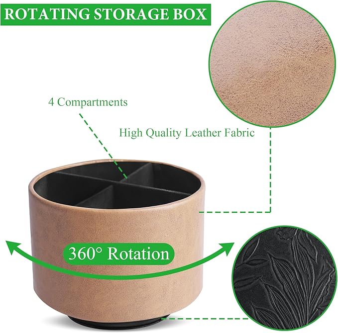 Hennaja Round Leather Art Supply Organizer,Remote Control Holder,360 Degree Spinning,Multi-Functional Pencil Holder,4 Compartments Desktop Stationary Organizer(1-Oil Yellow)