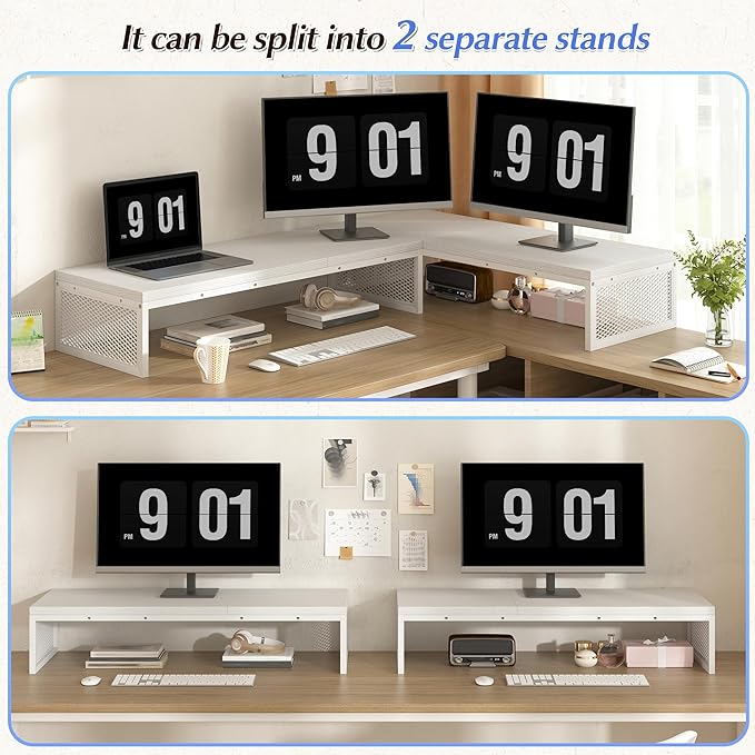 EnHomee 55.2" Computer Monitor Stand, Desk Shelf for Top of Desk for 3 * 23" Monitors/Laptop Computer/PC/Printers, TV Riser for 65 60 55 Inch TV for Bedroom Home Office, White