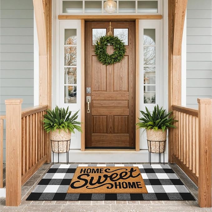 KIMODE Buffalo Plaid Outdoor Checkered Rug 24"x51", Christmas Door Mat Outside Entrance, Black and White Washable Farmhouse Layered Doormat for Front Door Porch Kitchen Entryway Christmas Decor