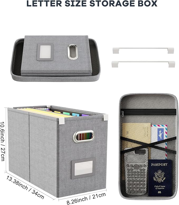 Oterri Hanging Filing File Box with Mesh Pocket, File Organizer Box with Lid, Collapsible Document Organizer Box for Letter Size, Easy Slide Durable Storage Box for Office/Decor/Home (2 PCS, Grey)