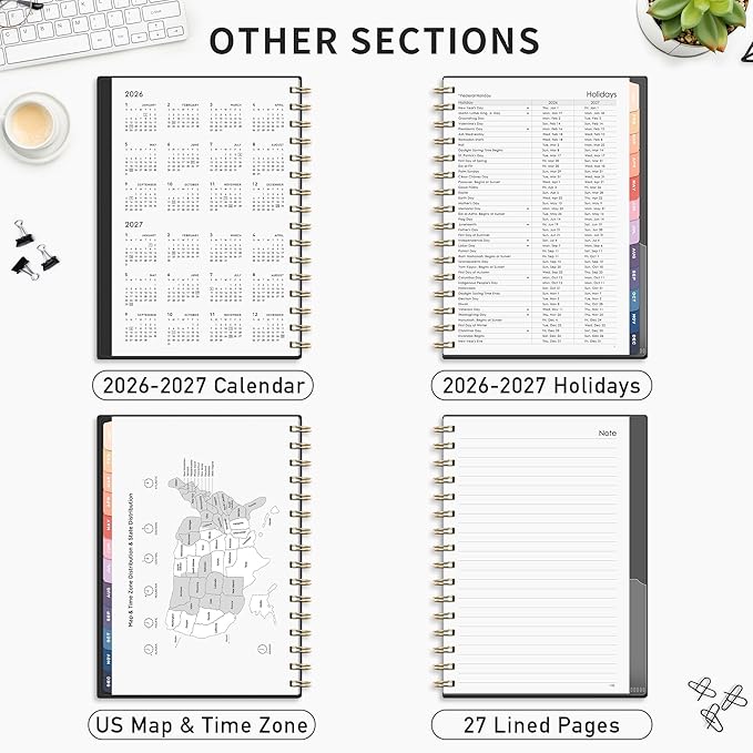 RETTACY 2026-2027 Monthly Planner, Jan 2026 - Dec 2027, Medium Size (5.7" x 8.3"), Agenda, Calendar, 24 Month Tabs, Flexible Plastic Cover, 100 GSM Thick Paper, Spiral-bound (Black)