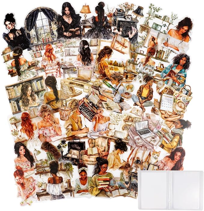 120Pcs Daily Routine PET Stickers, Vintage Scrapbooking & Junk Journal Supplies, Waterproof Planner & Craft Ephemera with Reading, Writing & Floral Designs, with Organizer