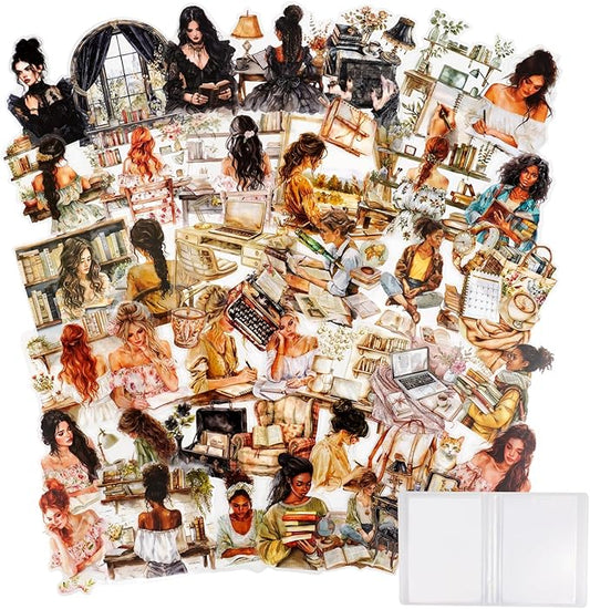 120Pcs Daily Routine PET Stickers, Vintage Scrapbooking & Junk Journal Supplies, Waterproof Planner & Craft Ephemera with Reading, Writing & Floral Designs, with Organizer