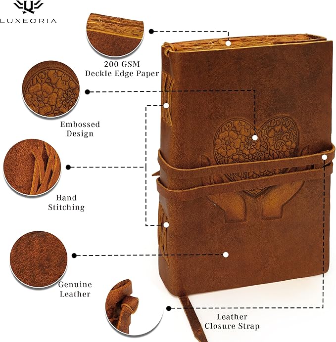LUXEORIA Heart Journal for Women and Men, Handcrafted Leather Journal for Writing Womens, Leather Sketchbook, Travel Diary with Unlined Deckle Paper, Tan 7x10