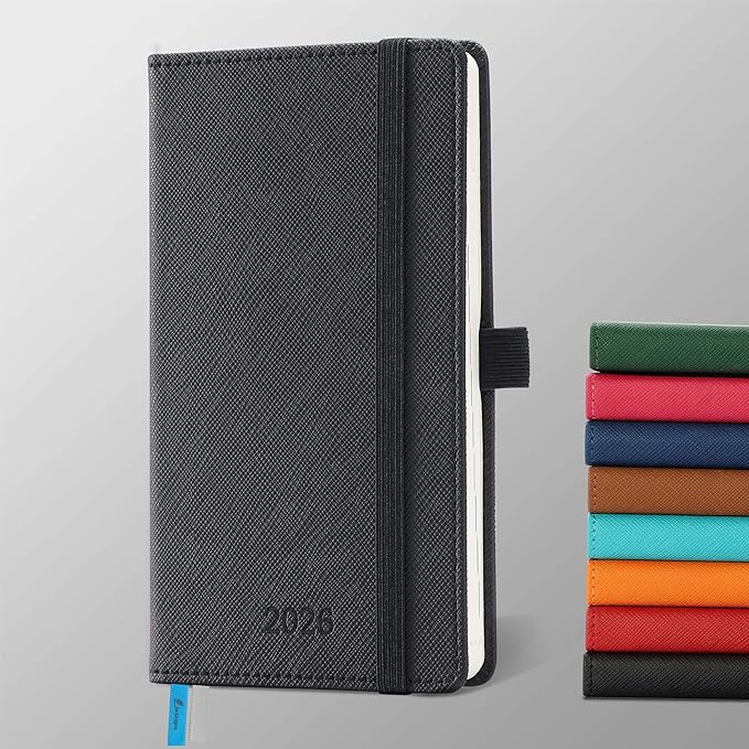 Weekly Monthly 2026 Planner (Jan.26-Dec.26),6.5"x3.75",12 Months Agenda Plan with Month Tabs & Pocket,Expenses/Note Pages, Appointment Book Calendar with Hardcover Vegan Leather Cover,Black