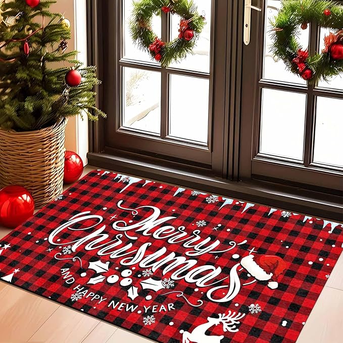 Merry Chirstmas Doormat Buffalo Plaid Door Mat for Front Door, Front Porch Rugs Easy Clean Welcome Mats Outdoor Rug Indoor Outdoor Winter Decor, 16" x 24" Inch