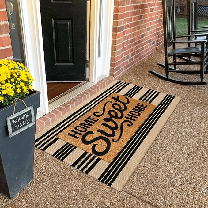 KIMODE Front Door Mats 24"x51", Black and Khaki Striped Layered Door Mats Outdoor,Machine Washable Farmhouse Front Porch Rug Decor, Spring Decorations Cotton Hand Woven Entryway Rug for Doorway