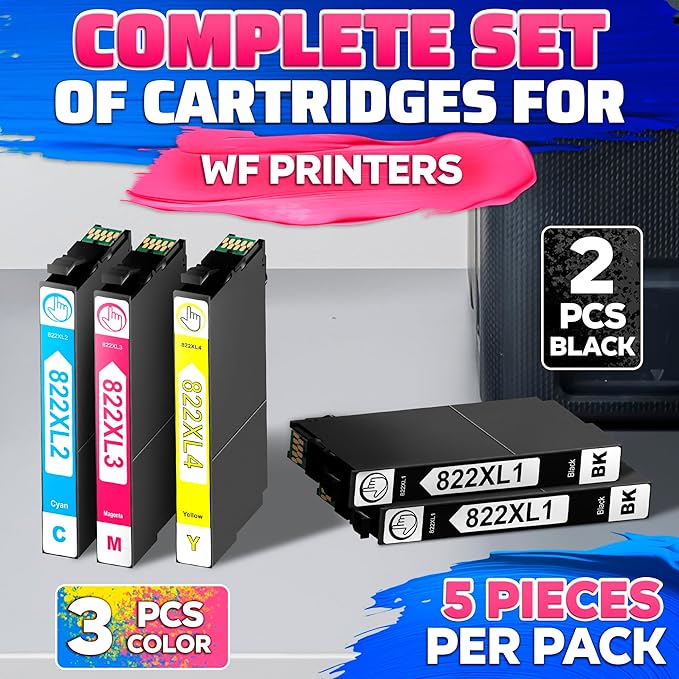 Reluen 5-Pcs 822XL Printer Ink Cartridges – High Capacity 2 Black & 3 Standard Color Combo Pack – Easy to Install and Compatible with WF-3820, WF-3823, WF-4820, WF-4830, WF-4833, WF-4834 Printers