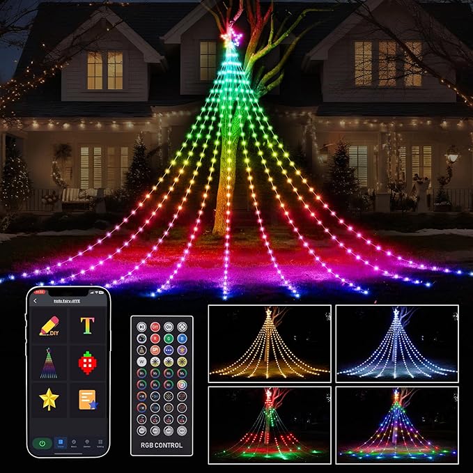 16.4 FT Christmas Decorations Outdoor Star String Lights,Smart APP Remote Control RGB Color Changing DIY 317 LED Waterfall Lights for Garden Yard Outdoor Xmas Decorations