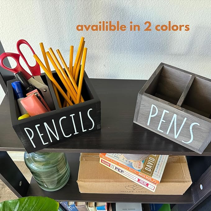 Wood Pencil Holder for Classroom - 6’’ Wooden Black Pen Holder for Desk, 2 Compartment Pen Storage and Color Pencil Organizer for Desk, Cute Stationery Supplies for Classroom, Black