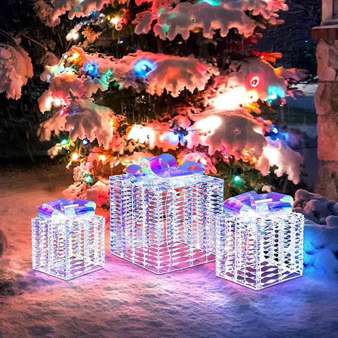 Tangkula Set of 3 Lighted Christmas Iridescent Box, 156 Cold White LED Lighted Present Boxes with Iridescent Bows, Ground Stakes, Light up Box Decorations for Indoor Outdoor, Yard, Lawn