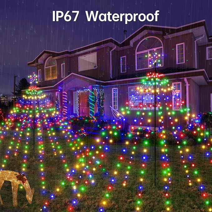 Christmas Tree Lights 340LED with Topper Star, IP67 Waterproof Remote Control Waterfall Lights with Pole, 16 Modes 3 Timers Dimmable Christmas Decorations for Outdoor Yard (Multicolored)