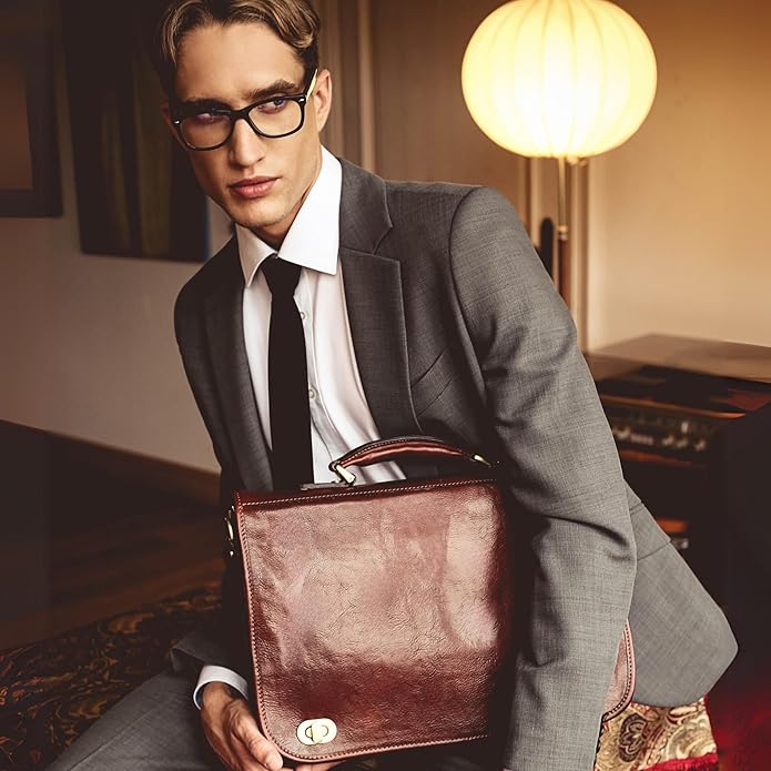 Time Resistance Leather Briefcase for Men - Italian Full Grain Leather Laptop Bag - Messenger Bag - Gift Box Included
