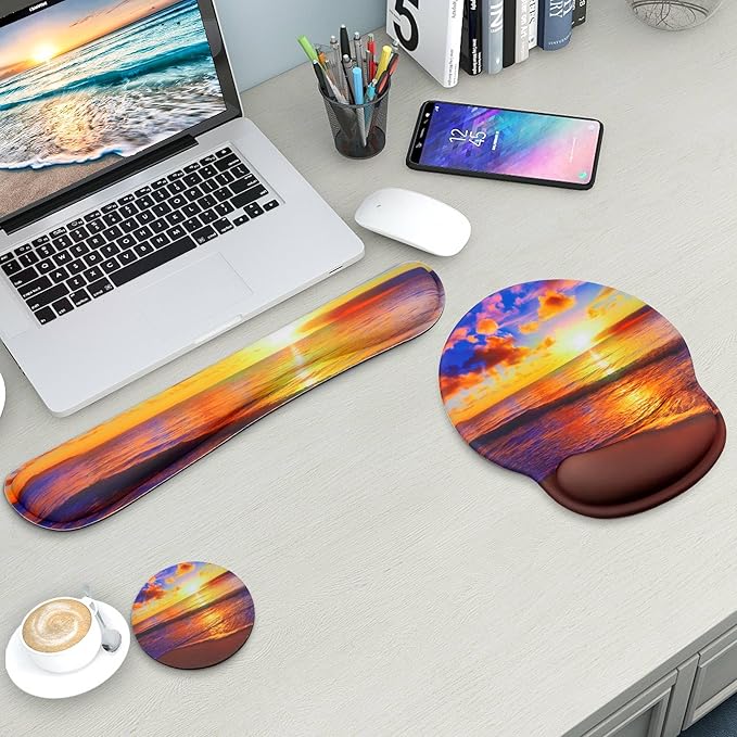 Mouse Pad and Keyboard Wrist Rest Support, with Non-Slip PU Base,Gel Mouse Pad with Coaster,Pain Relief for Gaming, Computer,Office -Sunset Beach